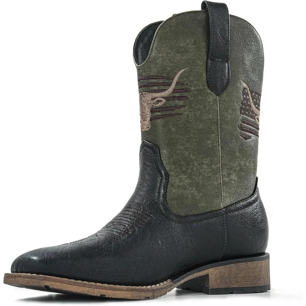 Men's Olive Green Toe Western Boots Vegan/genuine Leather With Classic Patriot